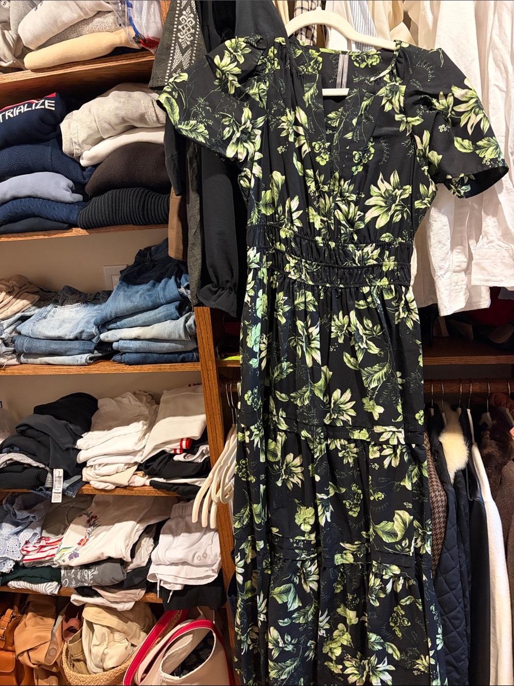 Anthropologie Black Maxi Dress with Green Floral Pattern
